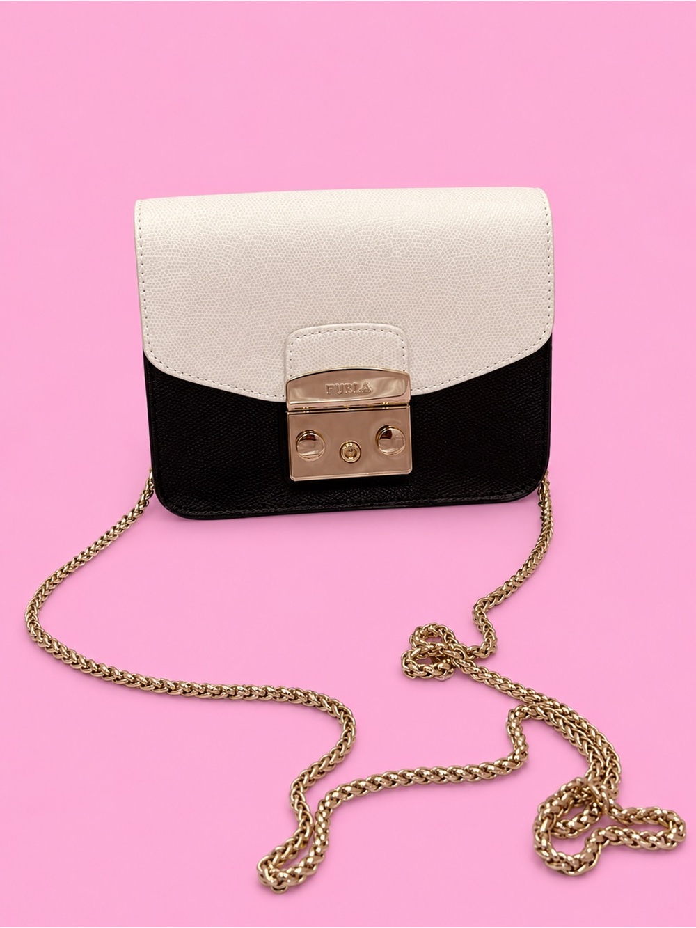 Furla Metropolis Two-Tone Black and white Crossbody Bag with Gold Chain